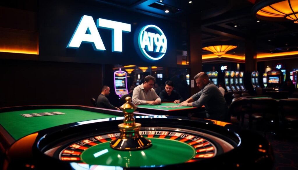 A dimly lit casino interior, the "AT99" logo prominently displayed on the wall. A roulette table in the foreground, the green felt surface reflecting the warm lighting. In the middle ground, a group of players intensely focused on the game, their expressions a mix of concentration and anticipation. In the background, the hazy glow of slot machines and the muffled sounds of chips clinking. The atmosphere is one of high stakes and strategic gameplay, capturing the essence of the "AT99 娛樂城" real-world gaming experience. A dimly lit casino interior, the "AT99" logo prominently displayed on the wall. A roulette table in the foreground, the green felt surface reflecting the warm lighting. In the middle ground, a group of players intensely focused on the game, their expressions a mix of concentration and anticipation. In the background, the hazy glow of slot machines and the muffled sounds of chips clinking. The atmosphere is one of high stakes and strategic gameplay, capturing the essence of the "AT99 娛樂城" real-world gaming experience.