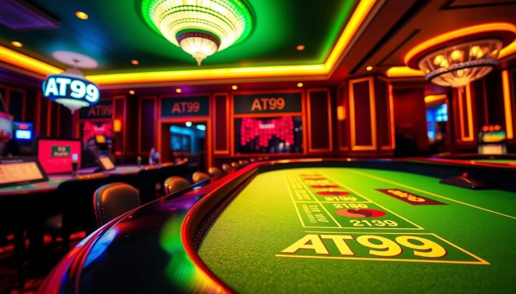 A vibrant, high-contrast image of the AT99 casino's baccarat gaming table, illuminated by warm, dramatic lighting. The table's green felt surface and the gleaming wood trim are prominently featured, with the casino's logo and branding elements subtly incorporated. The scene conveys a sense of energy and anticipation, as if capturing a critical moment in the game. The camera angle is slightly elevated, providing a wide, panoramic view of the table and the surrounding gaming environment. The image should effectively illustrate the strategic analysis and key insights discussed in the "AT99 娛樂城百家樂策略分析" section of the article. A vibrant, high-contrast image of the AT99 casino's baccarat gaming table, illuminated by warm, dramatic lighting. The table's green felt surface and the gleaming wood trim are prominently featured, with the casino's logo and branding elements subtly incorporated. The scene conveys a sense of energy and anticipation, as if capturing a critical moment in the game. The camera angle is slightly elevated, providing a wide, panoramic view of the table and the surrounding gaming environment. The image should effectively illustrate the strategic analysis and key insights discussed in the "AT99 娛樂城百家樂策略分析" section of the article.