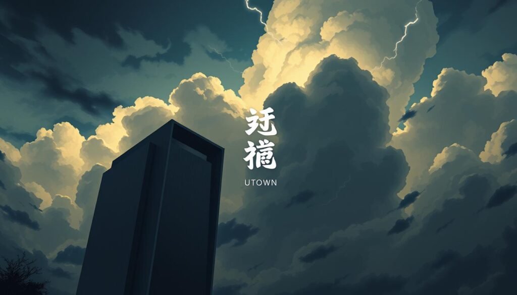 A detailed, realistic illustration depicting the "雷神訊號" concept. The image should showcase a dramatic sky with ominous, thunderous clouds. In the foreground, there should be a sleek, modern UTown building silhouetted against the stormy backdrop. The building's architecture should feature clean lines and an angular, futuristic design. Dramatic lighting and moody shadows should create a sense of tension and urgency. The overall atmosphere should convey a sense of impending change or disruption, reflecting the "雷神訊號" theme. A detailed, realistic illustration depicting the "雷神訊號" concept. The image should showcase a dramatic sky with ominous, thunderous clouds. In the foreground, there should be a sleek, modern UTown building silhouetted against the stormy backdrop. The building's architecture should feature clean lines and an angular, futuristic design. Dramatic lighting and moody shadows should create a sense of tension and urgency. The overall atmosphere should convey a sense of impending change or disruption, reflecting the "雷神訊號" theme.