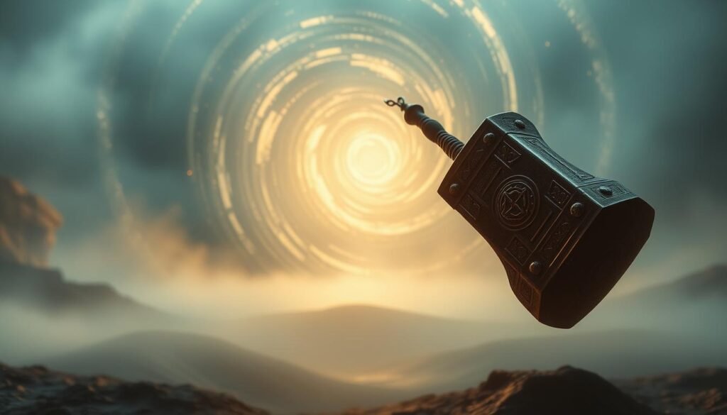 A serene and contemplative scene set in a mysterious realm, where the iconic hammer of the Thunder God, UTown's "Mjolnir", floats effortlessly, emanating a powerful aura. The foreground features the hammer's intricate details, cast in a warm, golden light, while the middle ground showcases a tranquil, misty landscape, hinting at the strategic and focused mindset required to master the game. In the background, a swirling vortex of cosmic energy creates a sense of otherworldly wonder, reflecting the player's need to maintain a stable and disciplined approach to the challenges within the "Thor's Hammer" game.
