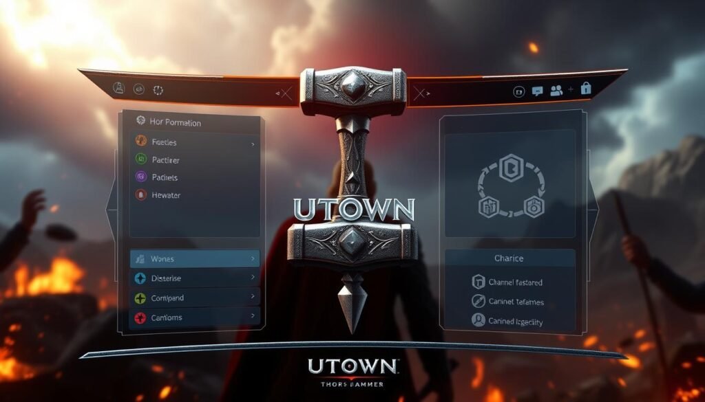 A vibrant, high-resolution image of the user interface for the video game "UTown: Thor's Hammer". The interface is presented against a dramatic, cinematic backdrop, with the mighty Thor's hammer Mjolnir prominently displayed in the center. The layout features clean, intuitive menus and icons, with a sleek, modern aesthetic. The overall mood is one of epic adventure and Norse mythology, capturing the essence of the game's themes. The image should be framed in a widescreen format, with a balanced composition that highlights the key elements of the interface. A vibrant, high-resolution image of the user interface for the video game "UTown: Thor's Hammer". The interface is presented against a dramatic, cinematic backdrop, with the mighty Thor's hammer Mjolnir prominently displayed in the center. The layout features clean, intuitive menus and icons, with a sleek, modern aesthetic. The overall mood is one of epic adventure and Norse mythology, capturing the essence of the game's themes. The image should be framed in a widescreen format, with a balanced composition that highlights the key elements of the interface.