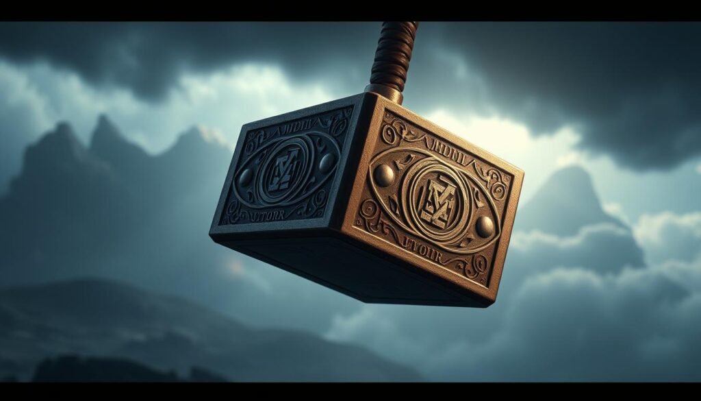 Highly detailed 3D render of the legendary Mjolnir, the hammer of Thor, the Norse god of thunder. The hammer is made of a metallic alloy with intricate runes and patterns etched into the surface. The handle is wrapped in a sturdy leather grip. The hammer is suspended in mid-air, lit by dramatic lighting from multiple angles, casting long shadows. The background is a misty, moody landscape with rolling storm clouds, evoking the power and majesty of the UTown Norse mythology. Highly detailed 3D render of the legendary Mjolnir, the hammer of Thor, the Norse god of thunder. The hammer is made of a metallic alloy with intricate runes and patterns etched into the surface. The handle is wrapped in a sturdy leather grip. The hammer is suspended in mid-air, lit by dramatic lighting from multiple angles, casting long shadows. The background is a misty, moody landscape with rolling storm clouds, evoking the power and majesty of the UTown Norse mythology.
