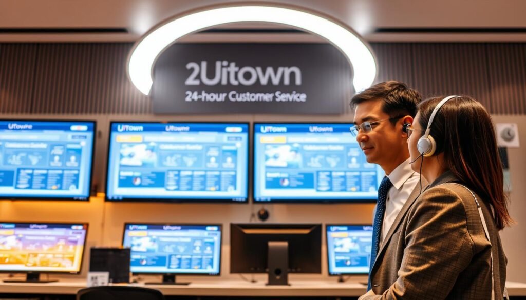 A modern 24-hour customer service system for UTown, with a sleek and intuitive interface displayed on multiple high-resolution monitors. The system is bathed in a warm, ambient lighting, creating a welcoming atmosphere. In the foreground, a customer service agent wearing a professional attire is assisting a client, their expressions conveying a sense of understanding and empathy. The background features a minimalist, yet sophisticated design, with clean lines and subtle branding elements, reflecting UTown's commitment to providing an exceptional user experience. A modern 24-hour customer service system for UTown, with a sleek and intuitive interface displayed on multiple high-resolution monitors. The system is bathed in a warm, ambient lighting, creating a welcoming atmosphere. In the foreground, a customer service agent wearing a professional attire is assisting a client, their expressions conveying a sense of understanding and empathy. The background features a minimalist, yet sophisticated design, with clean lines and subtle branding elements, reflecting UTown's commitment to providing an exceptional user experience.