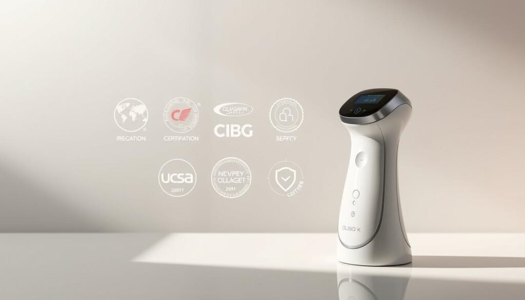 A sleek, minimalist-inspired advertisement showcasing the international certification and quality assurance of Glowin Beaute's Oligio X product line. A serene, well-lit scene depicts the Oligio X device in the foreground, its clean design and soft lighting conveying a sense of modern elegance. In the middle ground, a montage of international certification seals and logos demonstrates the product's global recognition and rigorous safety standards. The background features a subtly patterned wallpaper or backdrop, creating a harmonious and sophisticated visual composition. The overall mood is one of professionalism, trust, and the promise of cutting-edge beauty technology. A sleek, minimalist-inspired advertisement showcasing the international certification and quality assurance of Glowin Beaute's Oligio X product line. A serene, well-lit scene depicts the Oligio X device in the foreground, its clean design and soft lighting conveying a sense of modern elegance. In the middle ground, a montage of international certification seals and logos demonstrates the product's global recognition and rigorous safety standards. The background features a subtly patterned wallpaper or backdrop, creating a harmonious and sophisticated visual composition. The overall mood is one of professionalism, trust, and the promise of cutting-edge beauty technology.