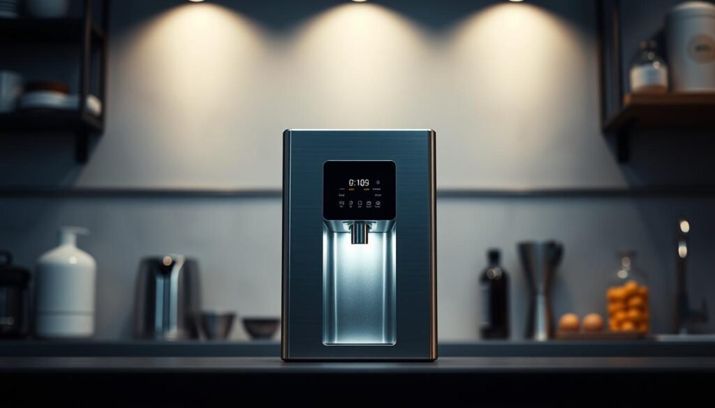 A high-quality, professional-grade water purifier designed specifically for premium coffee and tea beverages. The sleek, compact unit features a minimalist, contemporary design with brushed metal accents that would seamlessly integrate into any modern cafe or home kitchen. Crisp, directional lighting illuminates the purifier's controls and display, while a carefully considered camera angle highlights the clean lines and elegant form factor. The purifier is positioned prominently in the frame, with a soft, diffused background that places the focus squarely on the device's premium aesthetics and functionality.