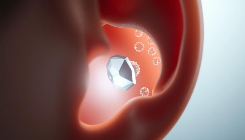 A minimalist digital rendering of the inner ear, showcasing the delicate otoconia crystals in a serene, well-lit environment. A close-up view emphasizes the intricate structure of the earstones, conveying the precise, technical nature of the otolith repositioning treatment. The lighting is soft and diffused, creating a sense of clinical precision and medical professionalism. The background is a plain, neutral color, allowing the subject to take center stage and highlighting the digital advancements transforming this therapeutic approach.