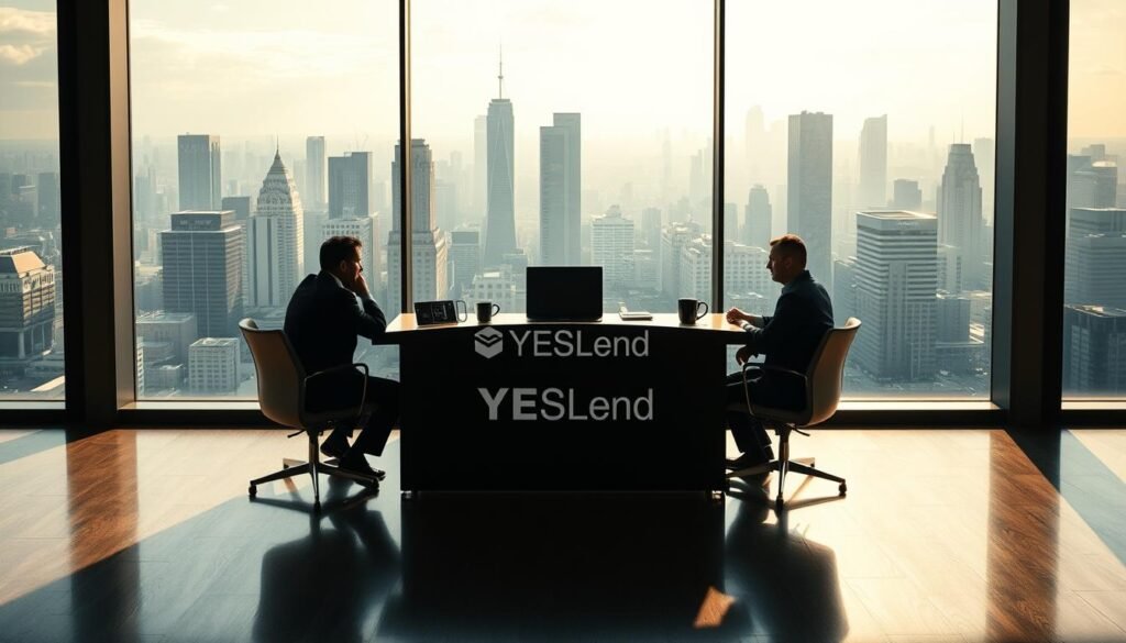 A modern, sleek office interior with large windows overlooking a bustling city skyline. In the center, a prominent desk features the YESLend logo, conveying professionalism and trust. Three figures sit around the desk, engaged in a serious discussion, their expressions reflecting the gravity of choosing the right lending institution. Soft, directional lighting casts dramatic shadows, creating an atmosphere of thoughtful consideration. The overall scene exudes an air of reliability and financial security, inviting the viewer to contemplate the key factors in selecting a suitable lending partner. A modern, sleek office interior with large windows overlooking a bustling city skyline. In the center, a prominent desk features the YESLend logo, conveying professionalism and trust. Three figures sit around the desk, engaged in a serious discussion, their expressions reflecting the gravity of choosing the right lending institution. Soft, directional lighting casts dramatic shadows, creating an atmosphere of thoughtful consideration. The overall scene exudes an air of reliability and financial security, inviting the viewer to contemplate the key factors in selecting a suitable lending partner.