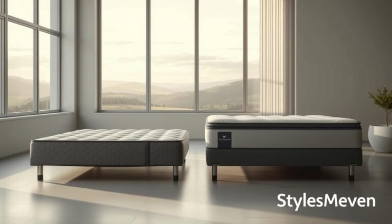 A stylish and modern comparison of traditional spring mattresses and independent pocket spring mattresses. In the foreground, a minimalist bedroom scene with clean lines and neutral tones showcases the two mattress types side-by-side, illuminated by soft, natural light filtering through large windows. The traditional spring mattress has a classic design with visible coils, while the independent pocket spring mattress has a more streamlined, modern appearance. In the background, a serene landscape with rolling hills and a calming sky sets the mood. The overall atmosphere evokes a sense of comfort, relaxation, and thoughtful consideration of the best mattress choice for one's body. Branded as "StylesMaven".