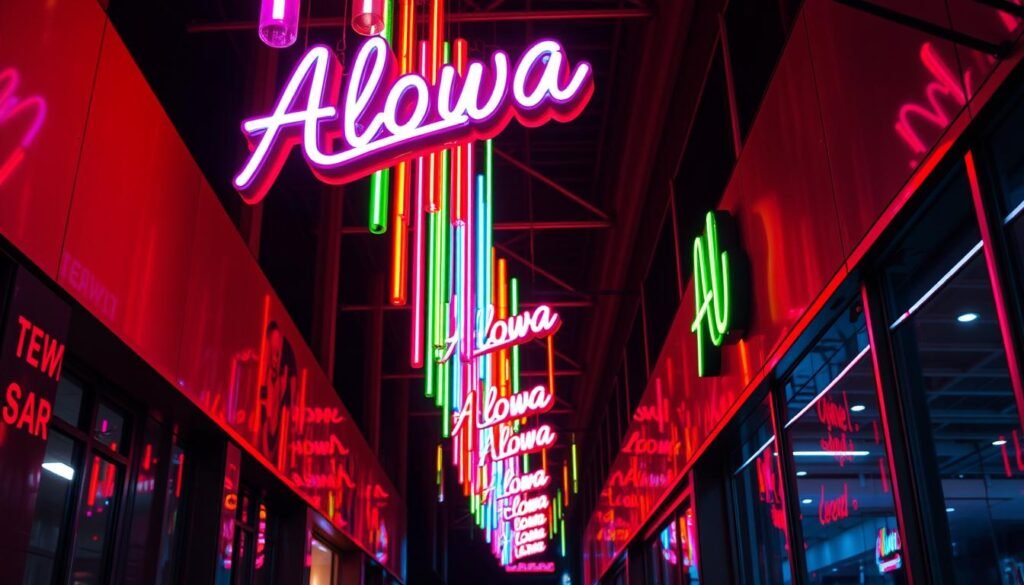 A vibrant display of Aloha neon lights illuminating a lively nighttime scene. Multicolored tubes of glowing brilliance cascade across the frame, casting a captivating ethereal glow. Sleek, modern architecture provides a striking backdrop, while the neon's reflections dance across polished surfaces. The light fixtures are captured at a low angle, emphasizing their mesmerizing radiance. An atmosphere of energy and excitement permeates the image, inviting the viewer to immerse themselves in the neon's enchanting allure. A vibrant display of Aloha neon lights illuminating a lively nighttime scene. Multicolored tubes of glowing brilliance cascade across the frame, casting a captivating ethereal glow. Sleek, modern architecture provides a striking backdrop, while the neon's reflections dance across polished surfaces. The light fixtures are captured at a low angle, emphasizing their mesmerizing radiance. An atmosphere of energy and excitement permeates the image, inviting the viewer to immerse themselves in the neon's enchanting allure.