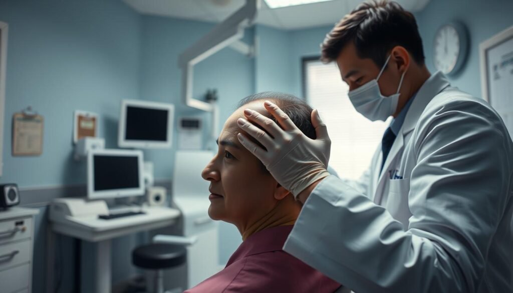 A well-lit medical examination room, with a physician's desk and diagnostic equipment in the background. In the foreground, a patient is receiving a Dix-Hallpike maneuver, a specialized treatment for benign paroxysmal positional vertigo (BPPV). The patient's head is being carefully repositioned by the doctor's skilled hands, as they work to reposition the displaced otoconia (ear crystals) within the inner ear. The scene conveys a sense of care, precision, and the expertise required to perform this delicate procedure, which is becoming an increasingly important part of Hong Kong's evolving medical landscape.