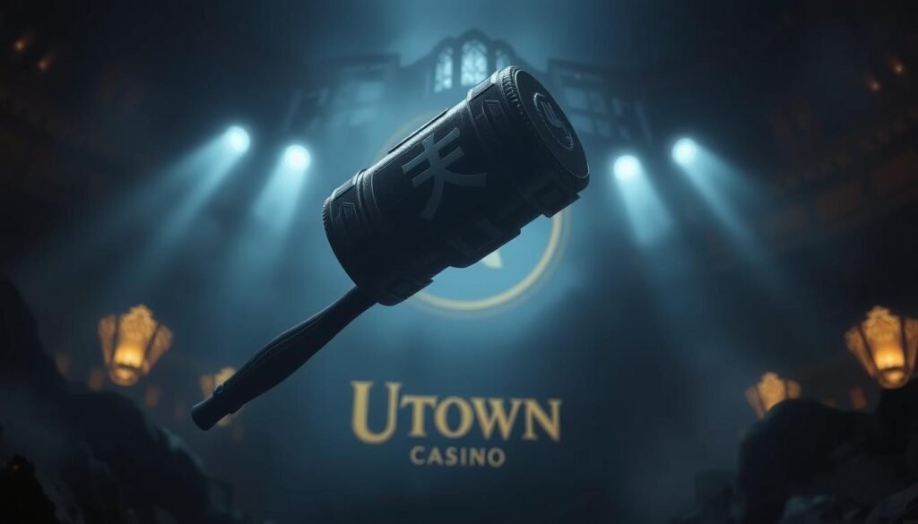 A detailed, high-resolution image of a massive, intricately designed hammer labeled "雷神之鎚" floating in a dimly lit, atmospheric environment. The hammer is the central focus, surrounded by a dark, mystical aura and dramatic lighting that casts dramatic shadows across the scene. In the background, a blurred, dreamlike landscape featuring the UTown casino logo provides context. The overall mood is one of power, anticipation, and a sense of the supernatural. A detailed, high-resolution image of a massive, intricately designed hammer labeled "雷神之鎚" floating in a dimly lit, atmospheric environment. The hammer is the central focus, surrounded by a dark, mystical aura and dramatic lighting that casts dramatic shadows across the scene. In the background, a blurred, dreamlike landscape featuring the UTown casino logo provides context. The overall mood is one of power, anticipation, and a sense of the supernatural.