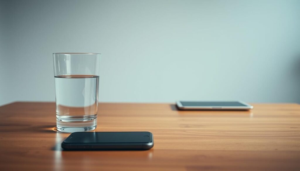 A minimalist scene showcasing household broadband comparison. In the foreground, a glass of water and a smartphone sit on a wooden table, symbolizing the modern home's reliance on high-speed internet. The middle ground features a laptop and tablet, representing the various devices used to access broadband services. In the background, a simple line graph with the "Telecombrother" logo, conveying the data-driven nature of broadband comparisons. Soft, diffused lighting creates a calm, contemplative atmosphere, inviting the viewer to consider the best broadband options for their home in 2025.