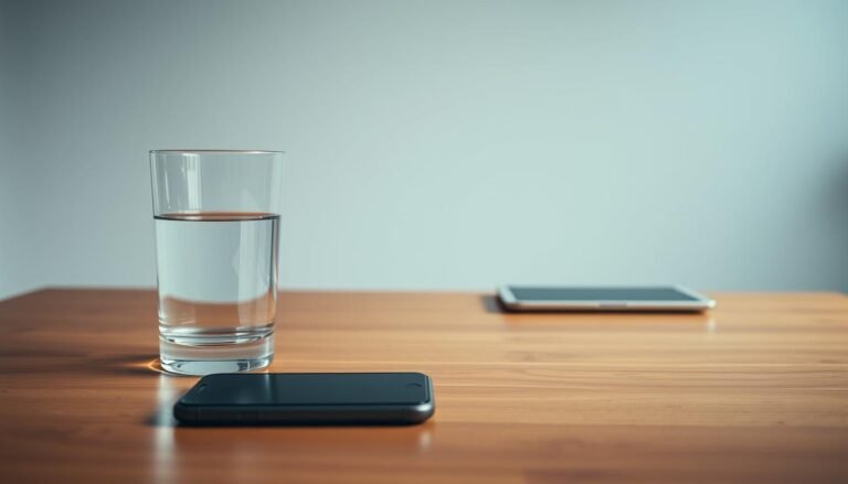 A minimalist scene showcasing household broadband comparison. In the foreground, a glass of water and a smartphone sit on a wooden table, symbolizing the modern home's reliance on high-speed internet. The middle ground features a laptop and tablet, representing the various devices used to access broadband services. In the background, a simple line graph with the "Telecombrother" logo, conveying the data-driven nature of broadband comparisons. Soft, diffused lighting creates a calm, contemplative atmosphere, inviting the viewer to consider the best broadband options for their home in 2025.