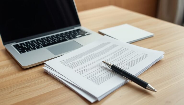 A neatly organized office desk with a laptop, stack of documents, and a pen, all set against a warm, natural wood backdrop. The lighting is soft and diffused, creating a sense of professionalism and attention to detail. The overall atmosphere conveys the importance of carefully preparing the necessary documents and information for a successful small-scale loan application. The composition emphasizes the key elements required, inviting the viewer to imagine the diligence and care needed to navigate the process.