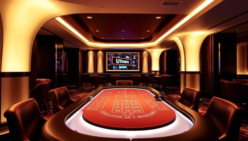 A sleek and modern UTown casino interior, with a focus on the live dealer table for baccarat. The table is illuminated by warm, soft lighting, creating a cozy and inviting atmosphere. The table is surrounded by plush leather chairs, and the background features a stylish and minimalist design with clean lines and neutral tones. The overall scene conveys a sense of luxury, sophistication, and attention to detail, reflecting the high-quality experience offered by the UTown casino.