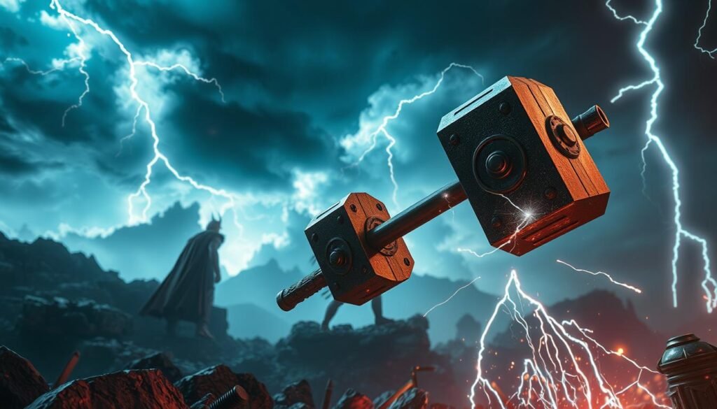 A striking fantasy scene featuring the iconic hammer of Thor, the Norse god of thunder, amidst an intense battle. In the foreground, the massive hammer, Mjolnir, hovers menacingly, its surface crackling with electricity. The middle ground reveals a rugged, storm-swept landscape, with dramatic cloud formations and bolts of lightning streaking across the sky. In the background, the silhouette of a towering, muscular figure - the mighty Thor himself - stands resolute, ready to wield the power of the hammer. The scene conveys a sense of power, dynamism, and the thrill of gameplay, perfectly capturing the essence of "雷神之鎚" as experienced at the UTown entertainment center. A striking fantasy scene featuring the iconic hammer of Thor, the Norse god of thunder, amidst an intense battle. In the foreground, the massive hammer, Mjolnir, hovers menacingly, its surface crackling with electricity. The middle ground reveals a rugged, storm-swept landscape, with dramatic cloud formations and bolts of lightning streaking across the sky. In the background, the silhouette of a towering, muscular figure - the mighty Thor himself - stands resolute, ready to wield the power of the hammer. The scene conveys a sense of power, dynamism, and the thrill of gameplay, perfectly capturing the essence of "雷神之鎚" as experienced at the UTown entertainment center.
