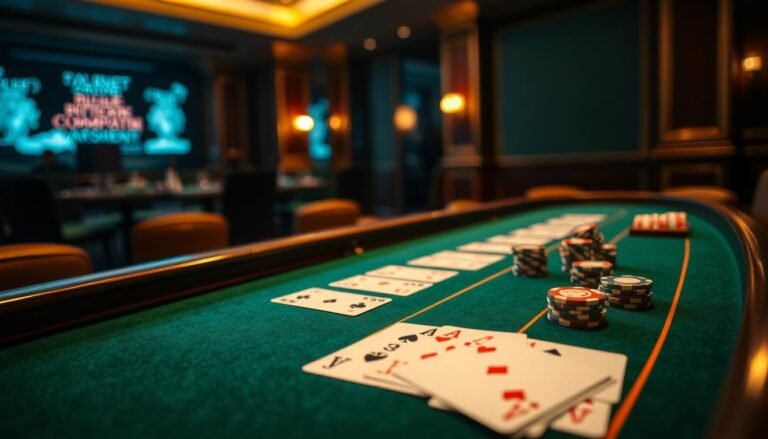 A dimly lit casino table with a green felt surface, elegant wooden edges, and subtle brass accents. The iconic baccarat cards and chips are arranged in an orderly fashion, conveying the rules and mechanics of the game. Soft, warm lighting creates a cozy, inviting atmosphere, while the camera angle offers a close-up, immersive perspective that draws the viewer into the gameplay. The overall scene exudes a sense of sophistication and strategic contemplation, perfectly capturing the essence of "Understanding the Importance of Baccarat Rules".