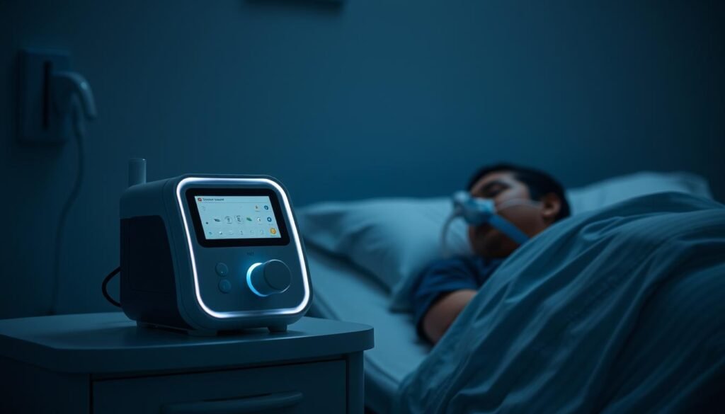 A dimly lit hospital room, with a sleek and modern iCareCPAP machine sitting on a bedside table. The machine's display softly illuminates the patient's face, who is resting comfortably in bed, wearing the device's nasal mask. The room is clean and sterile, with muted tones and subtle shadows, creating a calming and therapeutic atmosphere. The overall scene conveys the importance of proper usage and maintenance of the sleep apnea device, emphasizing the patient's well-being and the technological advancements in respiratory care. A dimly lit hospital room, with a sleek and modern iCareCPAP machine sitting on a bedside table. The machine's display softly illuminates the patient's face, who is resting comfortably in bed, wearing the device's nasal mask. The room is clean and sterile, with muted tones and subtle shadows, creating a calming and therapeutic atmosphere. The overall scene conveys the importance of proper usage and maintenance of the sleep apnea device, emphasizing the patient's well-being and the technological advancements in respiratory care.