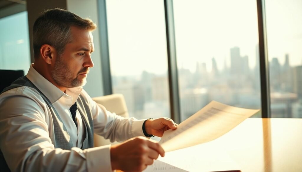 A modern office setting with a businessman reviewing financial documents on his desk, illuminated by warm, directional lighting from a large window. In the background, a city skyline is visible through the glass, conveying a sense of urban prosperity. The businessman's expression is one of focused contemplation, reflecting the importance of the decision at hand - choosing a fast and reliable private loan to fuel his business operations. The scene exudes a mood of professionalism, efficiency, and the empowering potential of alternative financing solutions. A modern office setting with a businessman reviewing financial documents on his desk, illuminated by warm, directional lighting from a large window. In the background, a city skyline is visible through the glass, conveying a sense of urban prosperity. The businessman's expression is one of focused contemplation, reflecting the importance of the decision at hand - choosing a fast and reliable private loan to fuel his business operations. The scene exudes a mood of professionalism, efficiency, and the empowering potential of alternative financing solutions.