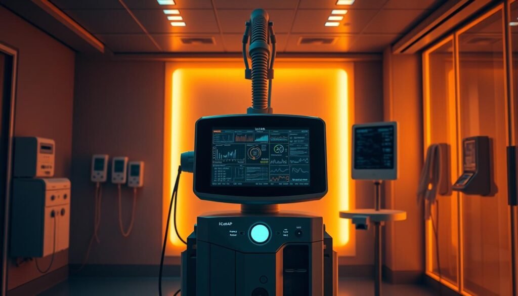 A hi-tech hospital room, dimly lit with a warm amber glow. In the center, an advanced iCareCPAP respiratory machine stands vigilantly, its sleek, modern design hinting at its intelligent diagnostic capabilities. The machine's display panel showcases a complex array of data, charts, and diagnostics, providing vital insights into the respiratory system's functioning. The room is filled with a sense of technological prowess and the pursuit of medical excellence, setting the stage for a comprehensive troubleshooting and maintenance session for this crucial life-support equipment. A hi-tech hospital room, dimly lit with a warm amber glow. In the center, an advanced iCareCPAP respiratory machine stands vigilantly, its sleek, modern design hinting at its intelligent diagnostic capabilities. The machine's display panel showcases a complex array of data, charts, and diagnostics, providing vital insights into the respiratory system's functioning. The room is filled with a sense of technological prowess and the pursuit of medical excellence, setting the stage for a comprehensive troubleshooting and maintenance session for this crucial life-support equipment.