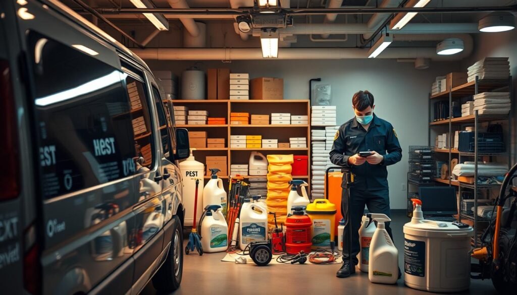 A modern and professional pest control company, iCareCPAP, providing comprehensive extermination services. A well-equipped van in the foreground, with technicians in uniform examining equipment. The middle ground showcases a range of advanced pest control tools and sprays. In the background, a clean and orderly workspace, with shelves of organized supplies. Warm, neutral lighting creates a reassuring and trustworthy atmosphere, conveying the company's expertise and commitment to effective, environmentally-conscious pest management solutions.