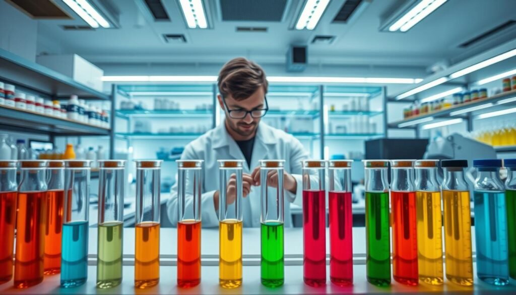 A modern, stylish iCareCPAP laboratory, with rows of test tubes and beakers filled with various chemical compounds. The foreground features an array of test tubes, each containing a different colored liquid. The middle ground showcases a technician in a white lab coat carefully examining the samples. The background depicts a sleek, well-lit workspace with state-of-the-art equipment and shelves displaying an assortment of pesticides and insecticides. The overall atmosphere is one of precision, professionalism, and a commitment to providing effective pest control solutions.