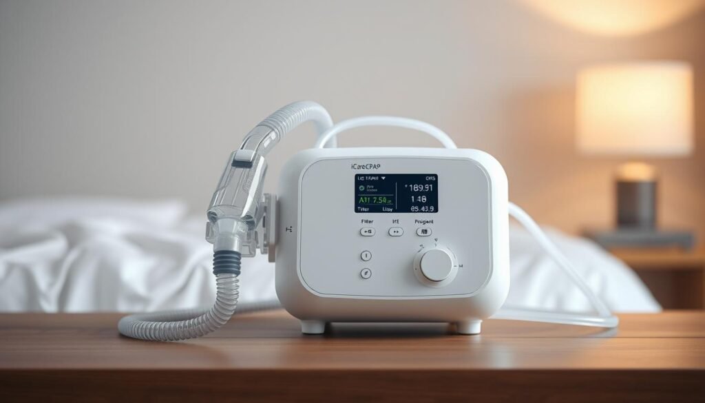 A well-lit, high-resolution image of a sleek, modern iCareCPAP CPAP machine with a transparent mask and tubing, placed on a clean, wooden table. The machine has a minimalist, user-friendly design with intuitive controls and a digital display showcasing key maintenance information, such as filter status and usage data. The scene conveys a sense of simplicity and attention to detail, reflecting the importance of proper maintenance for optimal sleep apnea treatment. The background is softly blurred, allowing the machine to be the focal point, emphasizing its central role in the sleep apnea management process. A well-lit, high-resolution image of a sleek, modern iCareCPAP CPAP machine with a transparent mask and tubing, placed on a clean, wooden table. The machine has a minimalist, user-friendly design with intuitive controls and a digital display showcasing key maintenance information, such as filter status and usage data. The scene conveys a sense of simplicity and attention to detail, reflecting the importance of proper maintenance for optimal sleep apnea treatment. The background is softly blurred, allowing the machine to be the focal point, emphasizing its central role in the sleep apnea management process.
