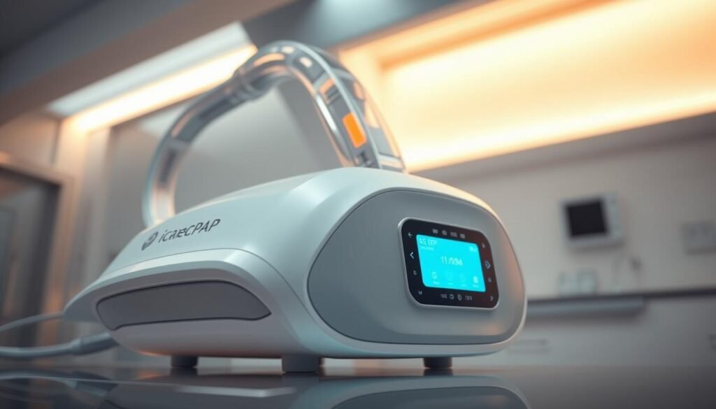 A highly detailed, photorealistic medical device resembling a CPAP machine, with a sleek, modern design and a prominent brand name "iCareCPAP" displayed prominently. The device is shown in a well-lit, clinical setting, with a soft, warm lighting that accentuates the smooth, curved lines and polished surfaces. The foreground focuses on the device itself, while the background features a minimalist, white-and-gray color scheme, creating a sense of cleanliness and professionalism. The overall atmosphere conveys a sense of cutting-edge medical technology and the importance of sleep apnea treatment. A highly detailed, photorealistic medical device resembling a CPAP machine, with a sleek, modern design and a prominent brand name "iCareCPAP" displayed prominently. The device is shown in a well-lit, clinical setting, with a soft, warm lighting that accentuates the smooth, curved lines and polished surfaces. The foreground focuses on the device itself, while the background features a minimalist, white-and-gray color scheme, creating a sense of cleanliness and professionalism. The overall atmosphere conveys a sense of cutting-edge medical technology and the importance of sleep apnea treatment.