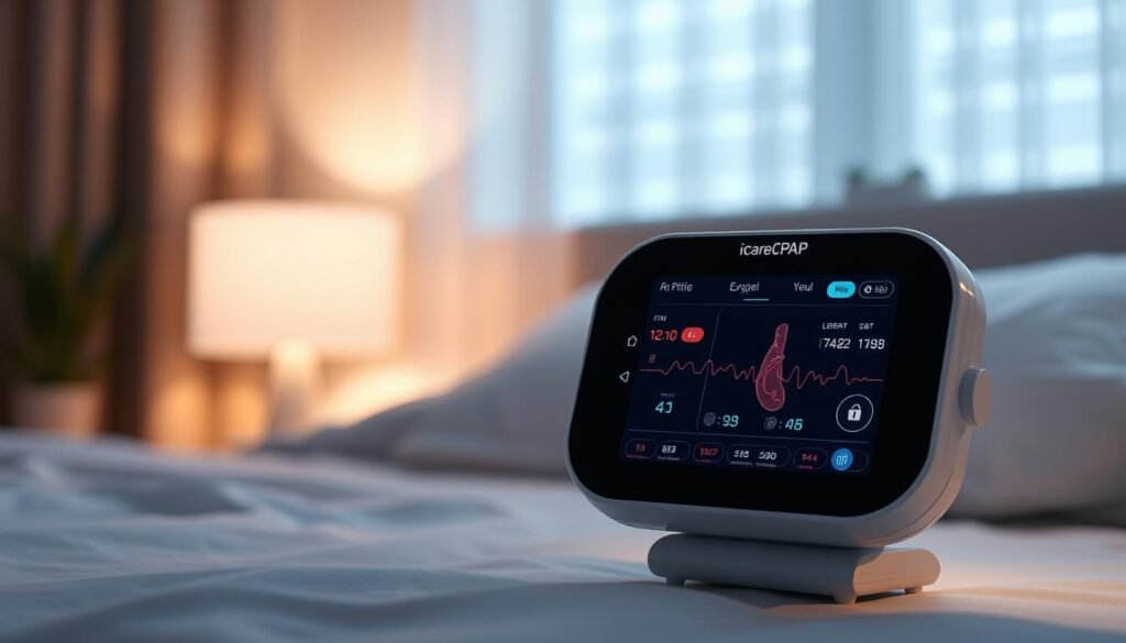 A modern, sleek medical device with the iCareCPAP logo prominently displayed. The device has a minimalist, futuristic design with a large display showing real-time health metrics such as oxygen levels, heart rate, and respiratory patterns. The background features a serene, calming scene with soft lighting, perhaps a bedroom or sleep clinic setting, to convey the sense of a high-tech yet comfortable health monitoring solution. The overall mood is one of innovation, wellness, and the next generation of sleep apnea management.