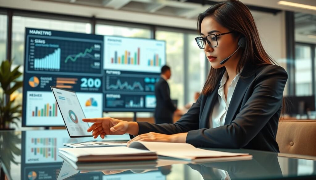 A professional customer service representative in a modern office setting, focused on developing advertising strategies. The foreground includes a mid-30s Asian woman wearing a smart casual outfit, actively engaging with a digital dashboard displaying analytics and customer feedback metrics. In the middle ground, a sleek glass desk holds various marketing materials, while a large screen in the background shows graphs and charts related to ad performance. Soft, natural lighting filters in through large windows, creating a collaborative and dynamic atmosphere. Capture this scene from a slightly elevated angle to emphasize the tools and technology in use, conveying a sense of purpose and strategic thinking in the advertising process.