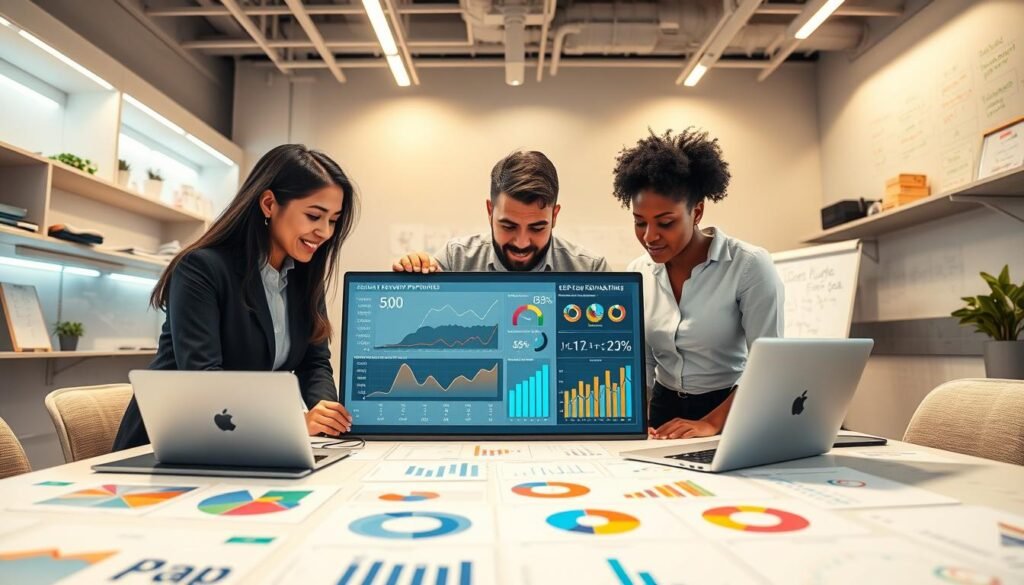 A dynamic and modern office setting showcasing a diverse group of professionals engaged in analyzing data for SEO ranking and keyword optimization. The foreground features a table covered with colorful graphs, charts, and laptops displaying analytical tools. In the middle, a team of three individuals—one Asian woman, one Caucasian man, and one Black woman—collaborate over an interactive digital display showing real-time keyword performance metrics. The background is filled with sleek shelves and whiteboards filled with strategic notes and brainstorming diagrams. Soft, bright LED lighting illuminates the room, creating a focused and collaborative atmosphere, while a wide-angle view captures the synergy of teamwork in achieving optimal SEO outcomes. A dynamic and modern office setting showcasing a diverse group of professionals engaged in analyzing data for SEO ranking and keyword optimization. The foreground features a table covered with colorful graphs, charts, and laptops displaying analytical tools. In the middle, a team of three individuals—one Asian woman, one Caucasian man, and one Black woman—collaborate over an interactive digital display showing real-time keyword performance metrics. The background is filled with sleek shelves and whiteboards filled with strategic notes and brainstorming diagrams. Soft, bright LED lighting illuminates the room, creating a focused and collaborative atmosphere, while a wide-angle view captures the synergy of teamwork in achieving optimal SEO outcomes.