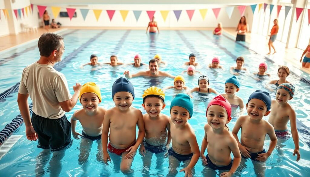 A lively swimming class scene showing the progress of both children and adults at a swimming school. In the foreground, a cheerful group of children aged 6-10, wearing colorful swim caps and modest swim trunks, practice basic strokes under the guidance of a professional instructor in a simple t-shirt and shorts. In the middle, several adults of varying ages, dressed in casual athletic wear, are seen engaging in more advanced techniques, demonstrating determination and focus. The background features a bright, sunlit indoor swimming pool with clear blue water and cheering parents observing from the sidelines. Use soft, natural lighting to create a warm and inviting atmosphere, capturing the joy and camaraderie of learning to swim. The image should convey an encouraging and motivational vibe, highlighting personal growth and teamwork.