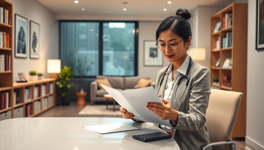 A modern psychiatrist's office focused on mental health monitoring. In the foreground, a psychiatrist, a middle-aged Asian woman in professional attire, is attentively reviewing a patient chart while seated at a sleek desk. In the middle background, a comfortable seating area includes a therapist's couch and soft lighting, promoting a calming atmosphere. The walls are lined with bookshelves filled with psychology books and soothing artwork. A large window allows natural light to stream in, enhancing the serene environment. The image conveys a sense of trust, professionalism, and compassion, reflecting the important role of psychiatrists in monitoring mental health conditions. The scene should feel warm and inviting, emphasizing the importance of attentive care and patient follow-up.