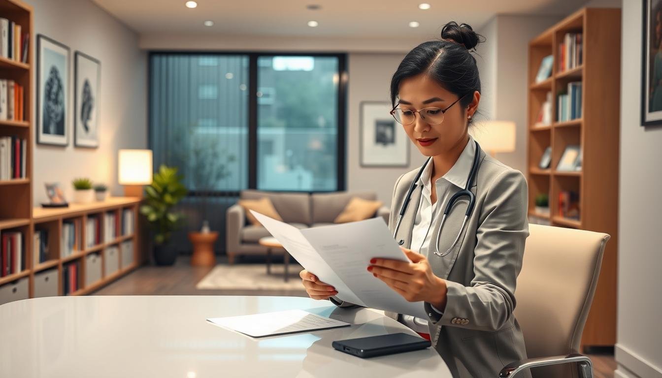 A modern psychiatrist's office focused on mental health monitoring. In the foreground, a psychiatrist, a middle-aged Asian woman in professional attire, is attentively reviewing a patient chart while seated at a sleek desk. In the middle background, a comfortable seating area includes a therapist's couch and soft lighting, promoting a calming atmosphere. The walls are lined with bookshelves filled with psychology books and soothing artwork. A large window allows natural light to stream in, enhancing the serene environment. The image conveys a sense of trust, professionalism, and compassion, reflecting the important role of psychiatrists in monitoring mental health conditions. The scene should feel warm and inviting, emphasizing the importance of attentive care and patient follow-up.
