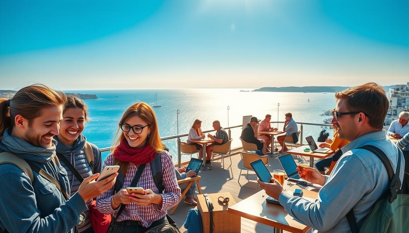 A scenic view of a vibrant coastal city, showcasing travelers joyfully using their mobile devices to connect to "OceanEsim" for seamless internet access. In the foreground, a diverse group of travelers in modest casual clothing interacts with their smartphones, smiling and sharing experiences. The middle layer features a lively cafe terrace with people enjoying drinks and discussing travel plans while using laptops and tablets. The background displays a beautiful ocean with sailboats and a clear blue sky, enhancing the sense of freedom and adventure. Soft golden sunlight casts a warm glow, creating an inviting atmosphere. The composition captures the essence of modern travel and connectivity, illustrating the benefits of OceanEsim for independent travelers.