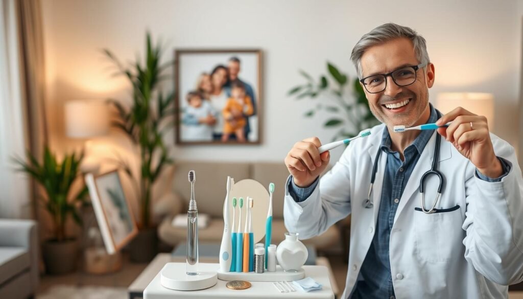 A serene and informative home dental care setting showcasing dental implants. In the foreground, a friendly dentist wearing professional attire is demonstrating proper brushing and flossing techniques for dental implants, with clear, precise movements. In the middle, a well-organized dental care station features toothbrushes, dental floss, and a mirror, all excellently arranged for easy access. The background subtly includes a cozy living room ambiance, with soft lighting creating a warm atmosphere, highlighting a family portrait and plants for a homey touch. The overall mood conveys trust, professionalism, and ease in maintaining dental health, perfect for educating readers about at-home care techniques for dental implants.