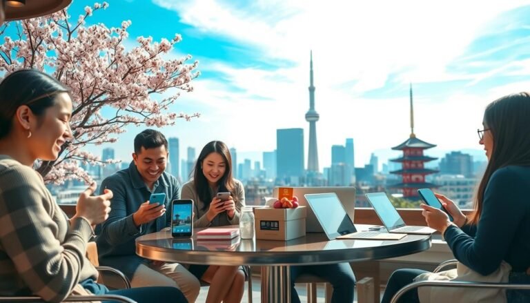 A dynamic and engaging scene showcasing a traveler experiencing the benefits of OceanEsim while in Tokyo. In the foreground, a diverse group of young adults, dressed in stylish but modest casual clothing, are gathered around a modern café table with their smartphones and laptops displaying connected screens. The middle ground features the iconic Tokyo skyline in soft focus, complete with skyscrapers and traditional temples to represent the blend of modern and historical culture. The background includes cherry blossom trees, hinting at the season, and a blue sky with wispy clouds providing bright, natural lighting. Capture a feeling of excitement and connectivity, highlighting a seamless online experience amid a vibrant urban setting.