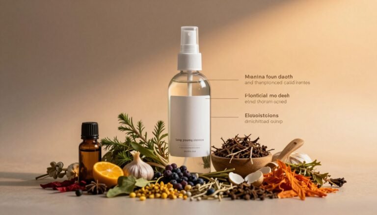 A visually striking composition showcasing the components and effects of a long-lasting spray. In the foreground, a beautifully arranged set of natural ingredients, such as essential oils, botanicals, and herbal extracts, displays vibrant colors and textures. In the middle ground, a clear spray bottle, elegantly designed with a sleek label, sits next to a few application instructions written in a sophisticated font. The background features a soft, blurred gradient of warm, inviting colors to evoke a cozy atmosphere. The lighting is warm and cinematic, enhancing the textures and colors of the ingredients, giving the scene an intimate and engaging vibe. The image should be captured at a slight angle, emphasizing the depth and layering of the elements, all while maintaining a clean, professional aesthetic.