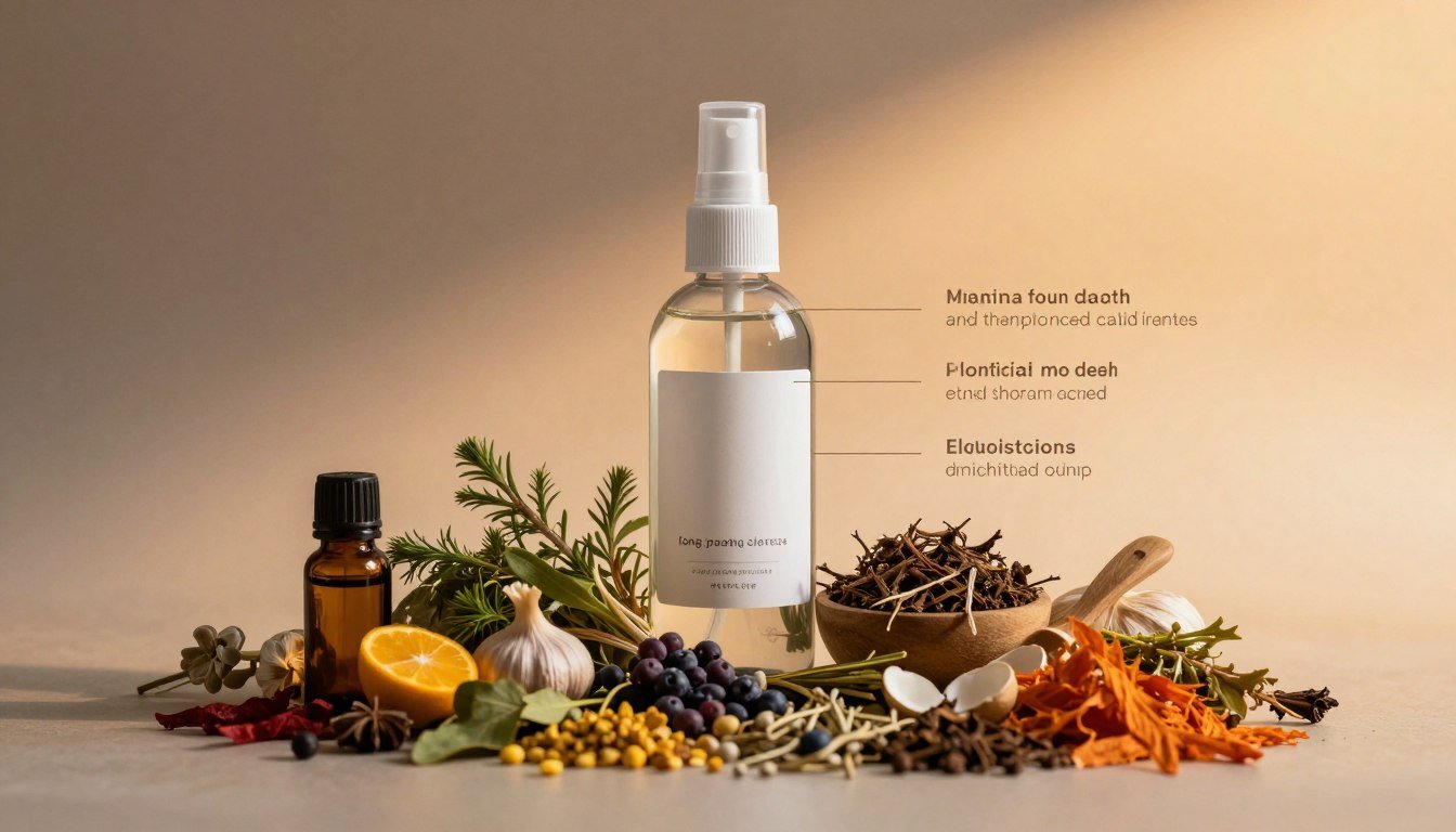 A visually striking composition showcasing the components and effects of a long-lasting spray. In the foreground, a beautifully arranged set of natural ingredients, such as essential oils, botanicals, and herbal extracts, displays vibrant colors and textures. In the middle ground, a clear spray bottle, elegantly designed with a sleek label, sits next to a few application instructions written in a sophisticated font. The background features a soft, blurred gradient of warm, inviting colors to evoke a cozy atmosphere. The lighting is warm and cinematic, enhancing the textures and colors of the ingredients, giving the scene an intimate and engaging vibe. The image should be captured at a slight angle, emphasizing the depth and layering of the elements, all while maintaining a clean, professional aesthetic.