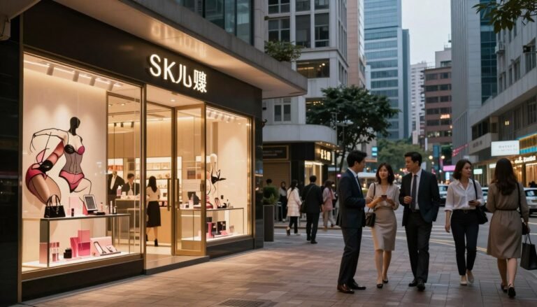 A modern street scene in Hong Kong showcasing the evolution of sex shops, blending tradition and contemporary design. In the foreground, a stylish storefront with elegant glass display windows, featuring tasteful and artistic merchandise related to intimacy. The middle ground includes diverse, professionally dressed individuals engaging in conversation as they walk by, reflecting varying societal attitudes towards these establishments. The background features a mix of modern skyscrapers and traditional architecture, bathed in warm, inviting lighting that evokes a cozy atmosphere. A slight dusk ambiance enhances the cinematic vibe of the image, captured with a balanced 4:3 aspect ratio. The scene is devoid of any text or explicit content, focusing on the social acceptance and modernization of the industry.