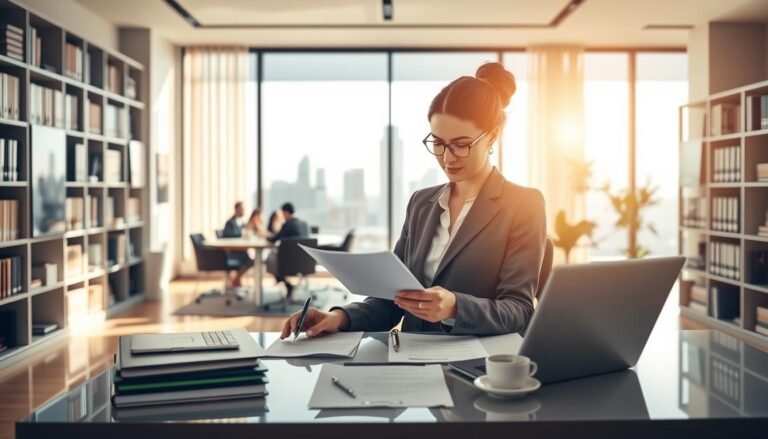 An elegant office setting depicting the essence and core functions of corporate secretary services. In the foreground, a professional woman in business attire is reviewing documents at a sleek desk, surrounded by organized paperwork, a laptop, and a cup of coffee. In the middle ground, a large window reveals a city skyline, allowing natural sunlight to illuminate the space, creating a bright and productive atmosphere. Shelves filled with books and company files line the walls, emphasizing organization and professionalism. The background features soft-focus images of team meetings and digital communication tools, symbolizing collaboration. The mood is focused and efficient, embodying the importance of corporate secretary services in navigating business operations. Bright, warm lighting enhances the inviting yet professional environment.
