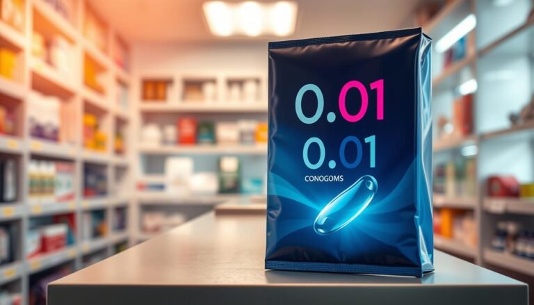 A close-up view of a high-tech 0.01 condom package prominently displayed in the foreground, showcasing its sleek and modern design. The package is slightly ajar, revealing a glimpse of the ultra-thin condom inside, emphasizing its advanced technology. In the middle ground, soft-focus shelves filled with various condom products provide context, highlighting the specialty of the 0.01 condoms. The background features a softly lit pharmacy setting, conveying a sense of trust and safety. The lighting is warm and inviting, with a slight spotlight effect on the package to draw attention. The atmosphere is professional and educational, aimed at fostering curiosity about cutting-edge contraceptive technology.