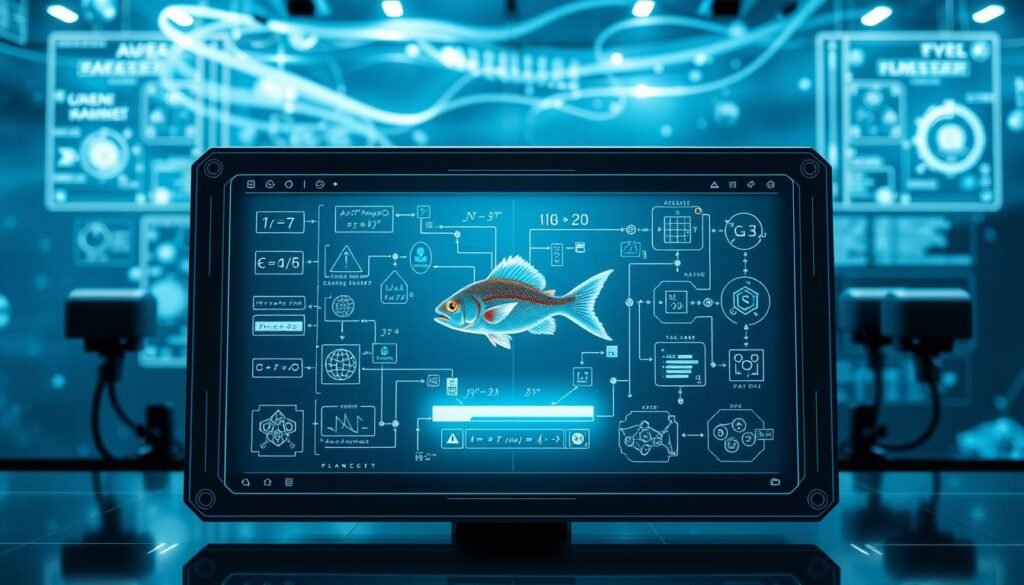 A detailed visualization of a core computational logic system for a 3A fishing game, featuring a sleek, futuristic interface with intricate diagrams and data flow paths. In the foreground, display a transparent touchscreen displaying various fishing game algorithms and mathematical equations. In the middle, include a 3D-rendered fish and fishing equipment interacting with animated logic nodes. The background should feature a digital ocean scene, with soft blue lighting and floating data visualizations, creating a high-tech, immersive atmosphere. Use a wide-angle lens perspective and professional lighting to enhance the depth and clarity of the systems. The overall mood should be engaging and technological, inviting viewers to explore the intricacies of game design logic.
