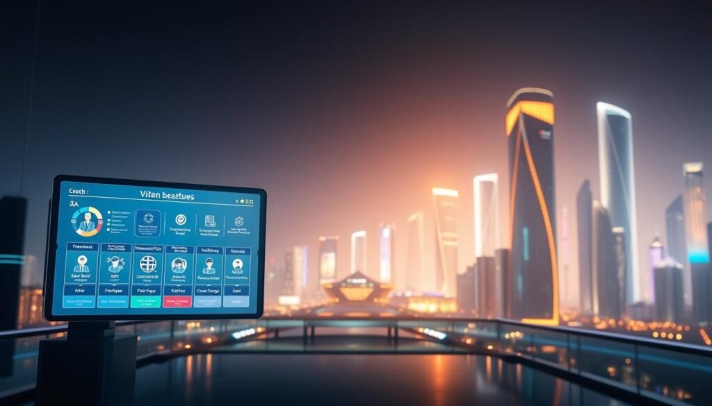 A modern and elegant digital interface representing the exclusive features of "3A" entertainment city, designed for different membership levels. In the foreground, display user interfaces showcasing tiered benefits, such as VIP access, special promotions, and personalized customer support. The middle layer includes dynamic visual elements that symbolize user engagement, such as animated icons and visual indicators of membership status. The background features a sleek and futuristic city skyline illuminated by soft, ambient lighting, creating a vibrant yet professional atmosphere. Use a wide-angle lens perspective to enhance depth, with an emphasis on clarity and sharpness. The overall mood should convey innovation, professionalism, and excitement, appealing to a sophisticated audience interested in premium membership benefits.