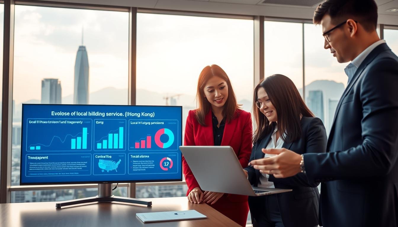 A professional setting showcasing the evaluation of local link building service providers in Hong Kong. In the foreground, a diverse group of three professionals, dressed in business attire, are engaged in a discussion, analyzing data on a laptop. The middle ground features a large digital screen displaying graphs and charts that highlight metrics of effectiveness and transparency. In the background, a modern office environment with large windows revealing a city skyline of Hong Kong, featuring iconic buildings like the Bank of China Tower. Soft, natural lighting filters through the windows, casting a warm glow on the scene. The overall mood is collaborative and focused, reflecting the importance of choosing local service providers like "3A" for their expertise and reliability.