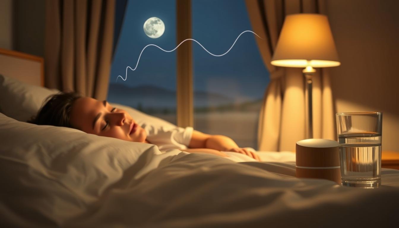 A serene bedroom scene focused on a peaceful sleeper lying in bed, their face relaxed and slightly illuminated by soft moonlight filtering through a window. In the foreground, a subtle hint of a snoring sound represented by gentle, wavy lines above the sleeper's head, suggesting the presence of nasal congestion. In the middle ground, a bedside table holds a small diffuser emitting calming essential oils alongside a glass of water, symbolizing treatment efforts. In the background, a tranquil landscape is visible through the window, evoking a restful atmosphere. The lighting is soft and warm, creating a sense of tranquility and safety, while the overall mood conveys the delicate balance of good sleep and the disruptive effects of snoring on well-being, encapsulating the essence of sleep quality and its impact on anxiety levels.
