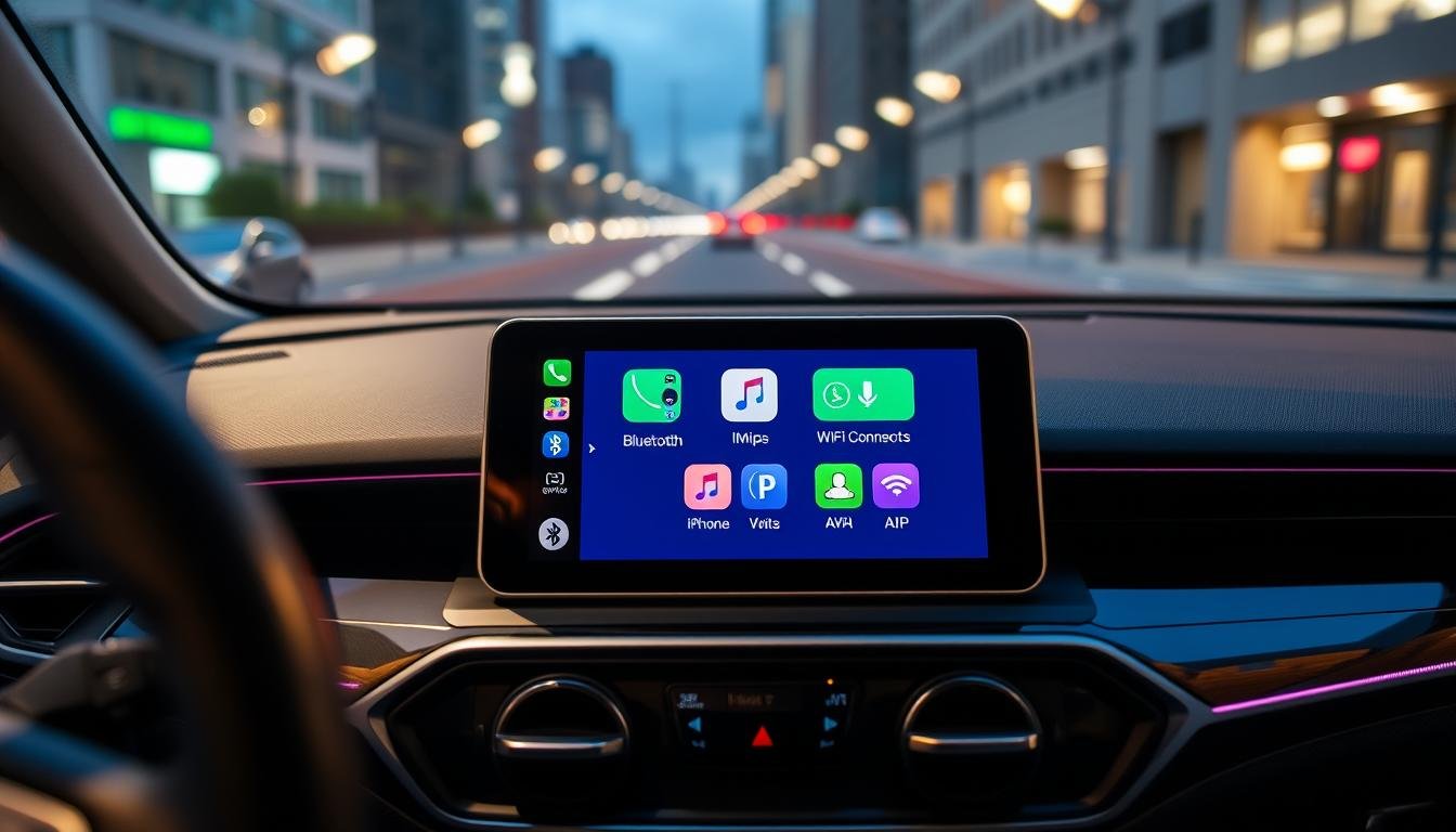 A close-up view of a modern car dashboard featuring the CarPlay navigation system, with a sleek interface displayed on a high-resolution touchscreen. In the foreground, the screen shows multiple connected iPhone icons, illustrating the simultaneous Bluetooth and WiFi connections, with vibrant colors and detailed app icons. The middle section captures the surrounding dashboard with luxurious finishes and ambient lighting, creating a high-tech atmosphere. The background reveals a blurred cityscape through the windshield, hinting at the car's location. The overall mood is sophisticated and innovative, evoking the cutting-edge technology of CarPlay, designed for seamless connectivity. The lighting should be soft yet vibrant, enhancing the sleekness of the interior. The angle focuses directly on the screen, providing viewers with a clear view of the CarPlay interface.
