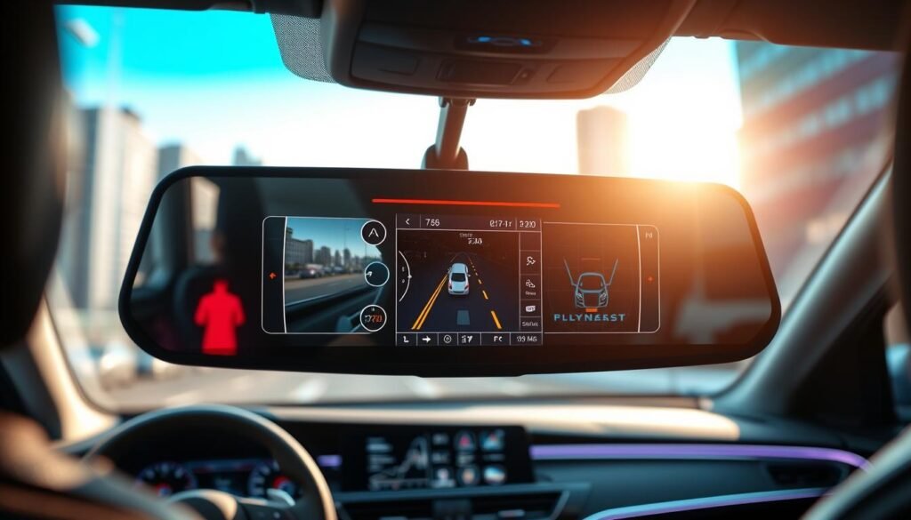 A modern car interior showcasing a high-tech electronic rearview mirror, prominently displayed in the foreground with a vibrant touchscreen interface illuminated. The mirror reflects detailed information such as navigation, speed, and camera views. In the middle ground, a sleek dashboard with ambient lighting accents the technological design, while the background features a blurred view of a cityscape through the windshield, suggesting an urban driving environment. Natural lighting filters in from the front, creating a warm and inviting atmosphere. The image evokes a sense of innovation and safety, highlighting the importance of electronic rearview mirrors in contemporary vehicles. The angle captures the mirror's functionality effectively, ensuring clarity and focus on the reflective screen's details.