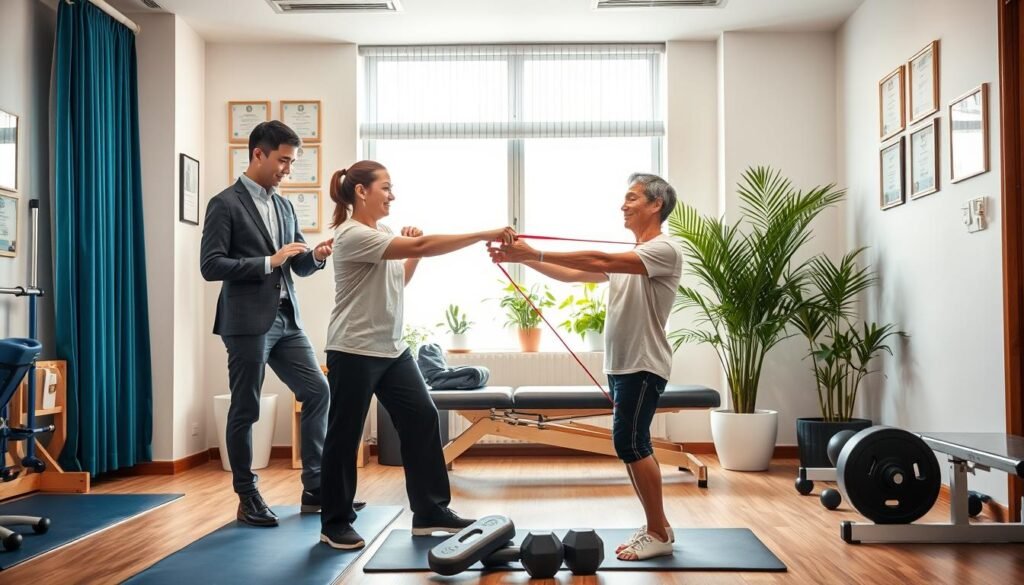 A modern physiotherapy clinic in Wan Chai, featuring a focused scene where a physical therapist in smart casual attire assists an adult patient during a functional assessment. The therapist is demonstrating exercises using a resistance band, highlighting posture correction and movement analysis. The foreground shows various physiotherapy equipment, such as mats, weights, and a treatment bench. In the middle, a large window provides soft natural light, creating an uplifting atmosphere. The background features certificates on the wall and plants that enhance the professional environment. The image captures a warm, collaborative mood, emphasizing the importance of functional assessment in physical therapy for long-term recovery in patients with bone injuries.
