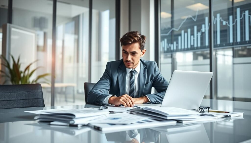 A professional and informative scene depicting audit services for small and medium enterprises. In the foreground, a well-dressed auditor is attentively reviewing financial documents spread across a sleek modern desk, with a focused expression on their face. In the middle, a laptop displays graphs and spreadsheets, symbolizing detailed financial analysis. Surrounding these elements, soft natural light spills in from a large window, illuminating the workspace and creating a calm atmosphere. In the background, abstract representations of spreadsheets and financial charts subtly blur, enhancing the focus on the auditor. The overall mood is one of professionalism and diligence, conveying the importance of accurate financial auditing for businesses.